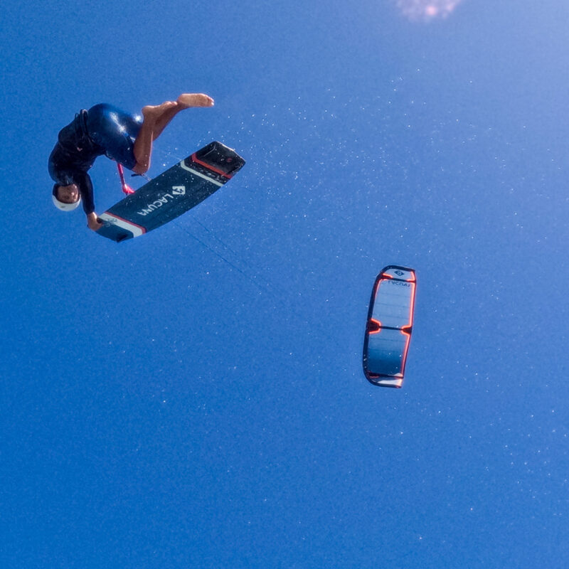 Cedric Vandenschrik doing a board off whilst kitesurfing